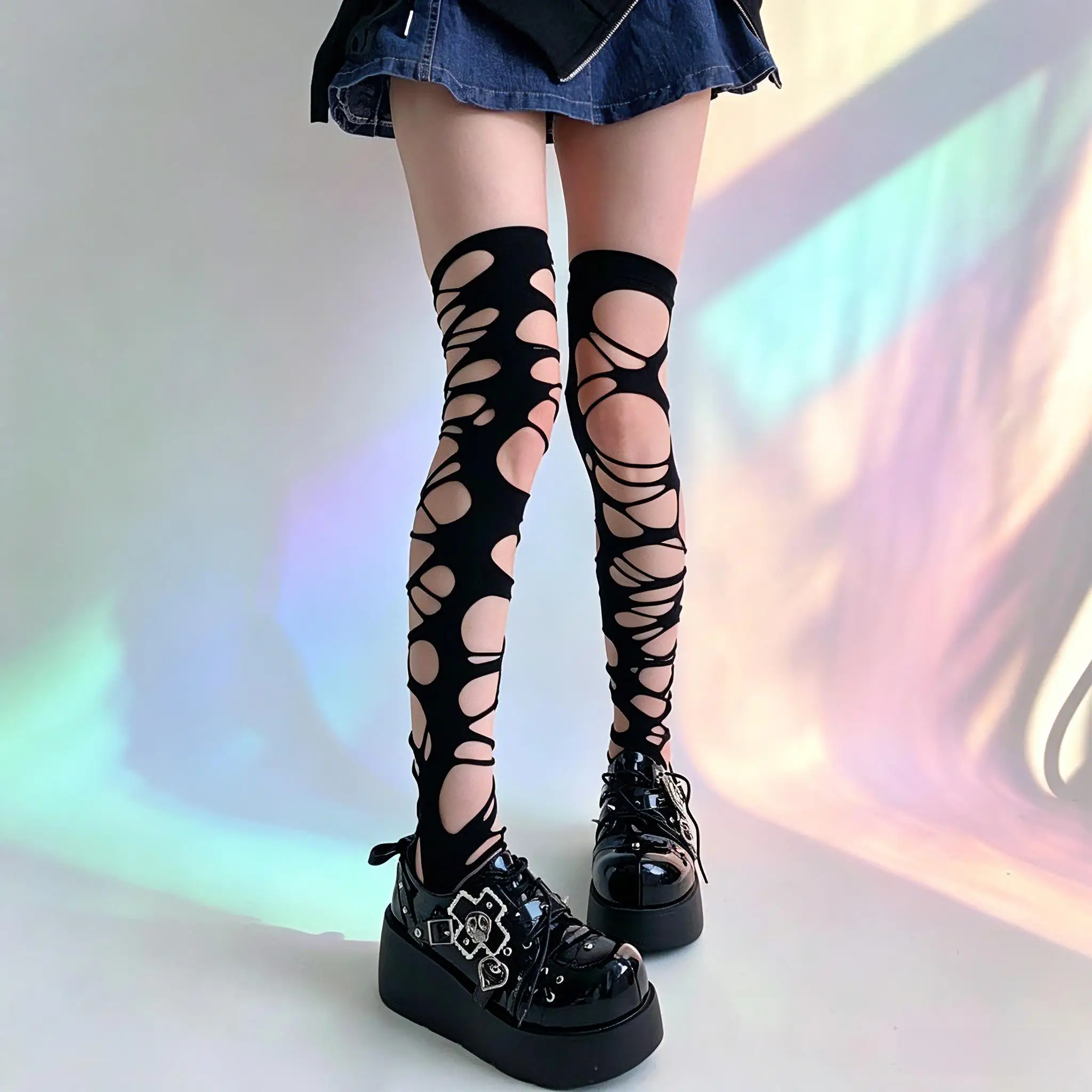 2PC Set {Ripped Pantyhose / Ripped Thigh High Socks}，Fashion Punk Torn Strap Holes Tights Nue Sexy Lolita Gothic Spider Web Stockings Ladies Y2k Black Mesh Soft Tights High Hosiery view 7