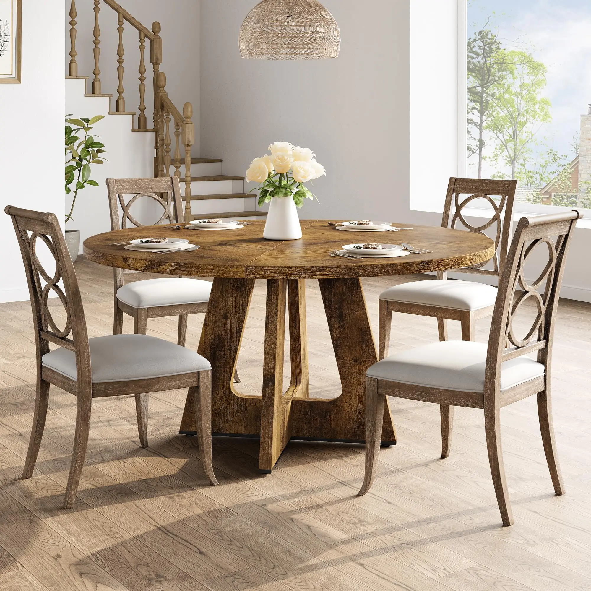 Runder Esstisch (120 cm) für 4–6 Personen, rustikaler Küchentisch mit Holzplatte und -beinen für Esszimmer und Wohnzimmer