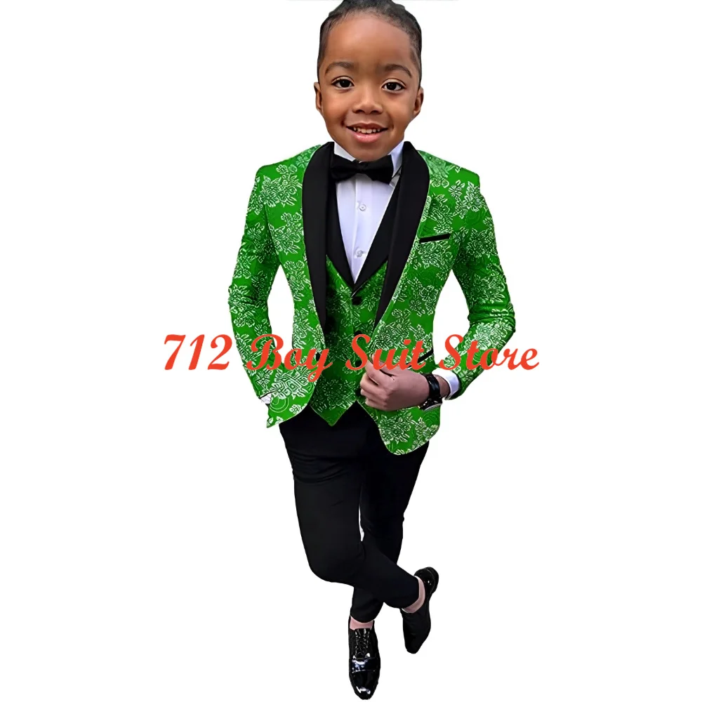 New Fashion Boys Suit Wedding Tuxedo 3-Piece Set Floral Jacket Pants Vest Bow Tie Kids Fashion Slim-fit Blazer