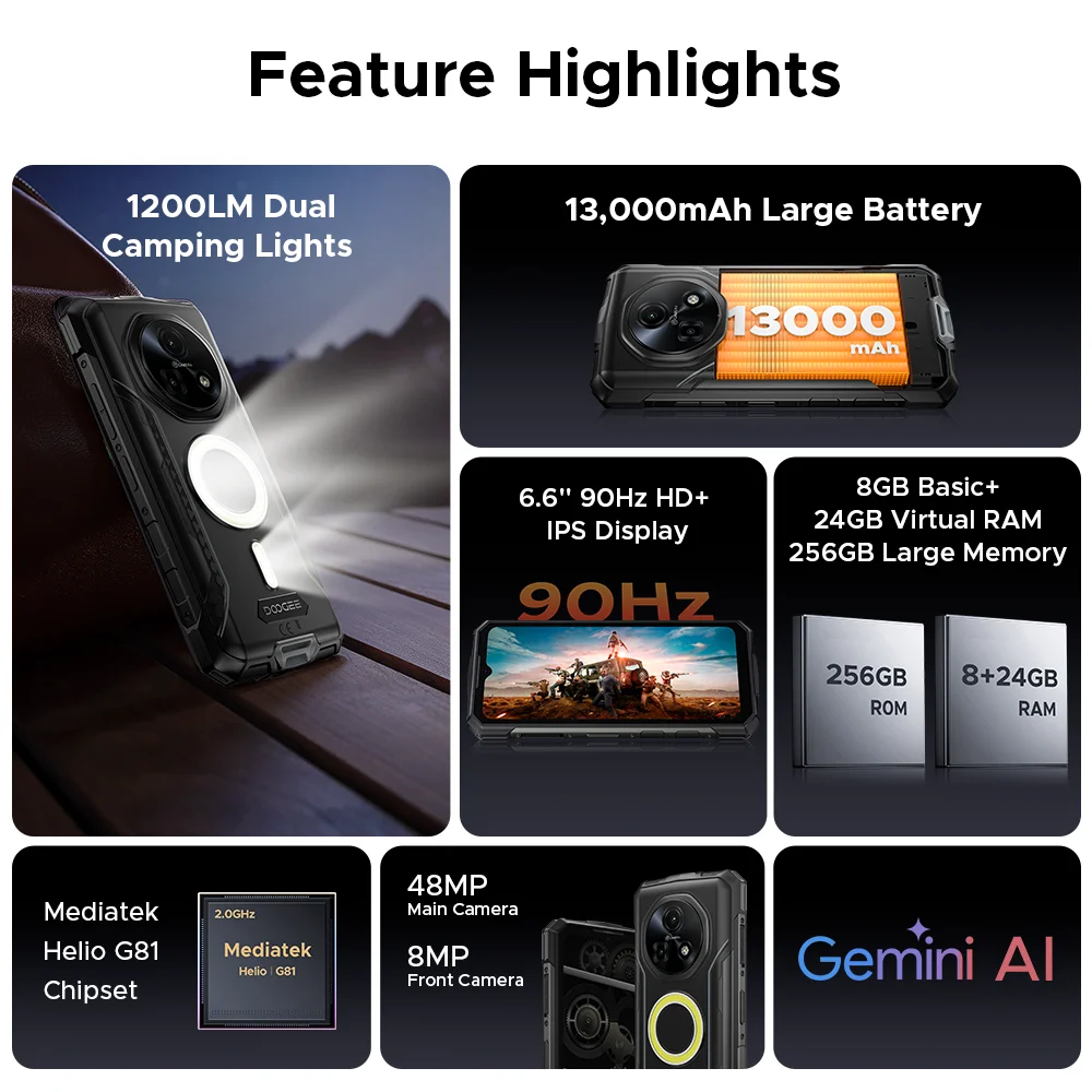 DOOGEE Fire 5 Ultra Rugged Phone 32GB 256GB 6.6" Helio G81 Octa Core 13000mAh Battery 48MP Camera 1200LM Camping Lights NFC