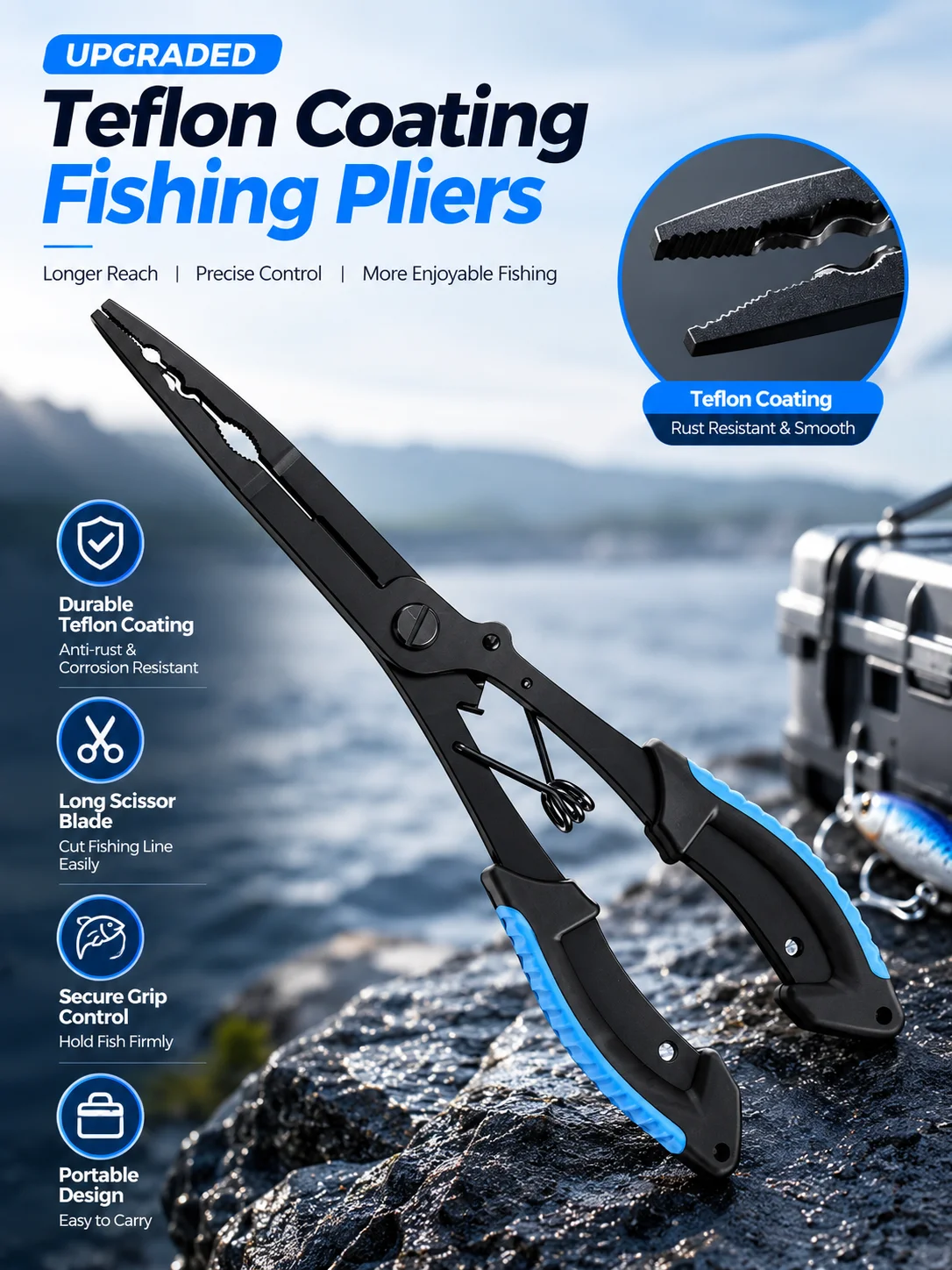 Multifunctional Fishing Pliers with Long Scissors, Fish Hook Remover, Line Cutter, Non-Stick Coating, Portable Fishing Tool