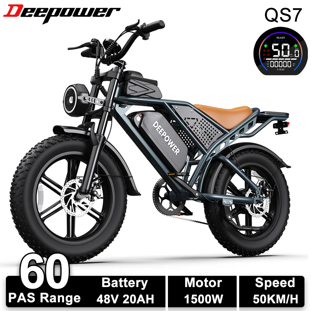 DEEPOWER 1500W Elektrische Fiets voor Volwassenen 48V 60AH Dubbele Accu Elektrische Fiets 20-inch Vetband Buiten Off-Road All-Terrain E-bike