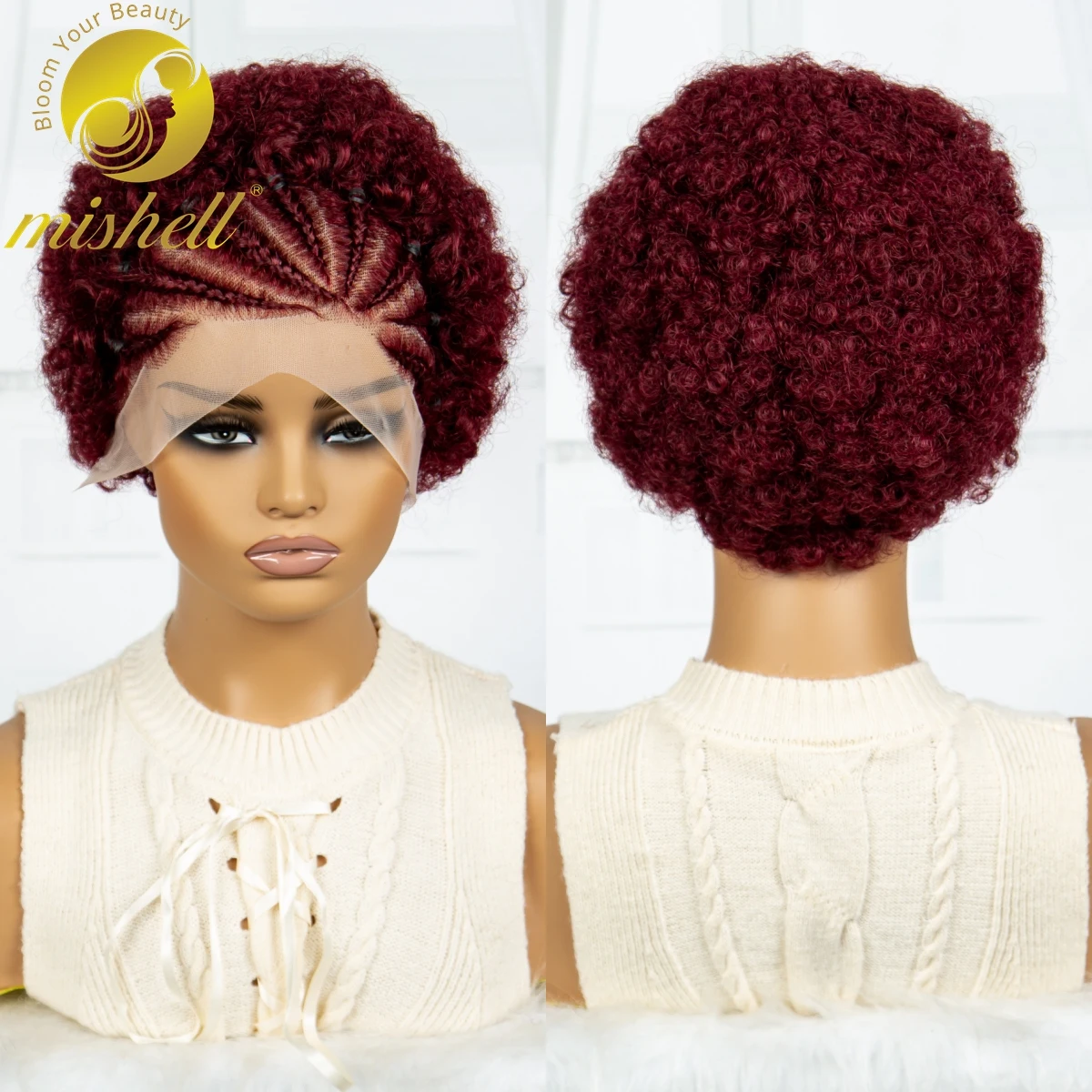 

13x4 HD Transparent Lace 6 inch 250% Density Short Afro Kinky Curly Human Hair Wigs with Braids Bouncy Curly Bob Wig for Women