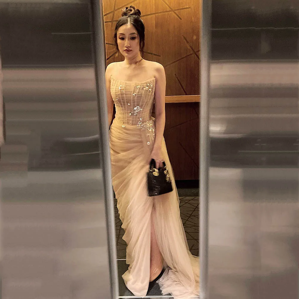 

Msikoods Champange Prom Dress Strapless Corset Beaded Side Slit Long Evening Gown for Weddings Formal Parties Gown Customized