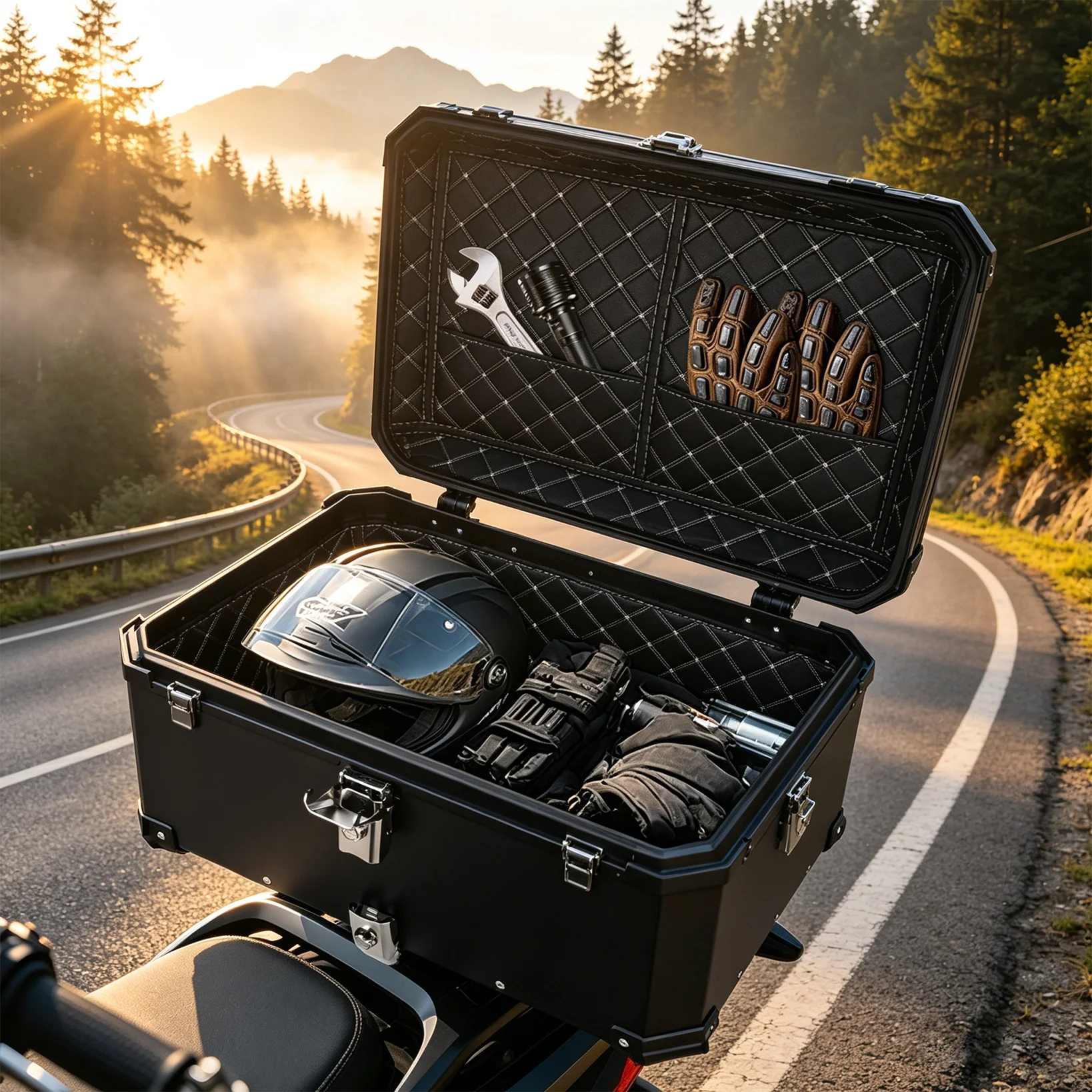 Boîte à bagages arrière pour moto en alliage d'aluminium 65L, Top Case universel étanche avec serrure et doublure, coins renforcés en alliage de 1,2 mm d'épaisseur, intérieur en cuir matelassé pour