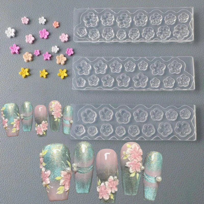 3Pcs Flowers Silicone Nail Template Cherry Blossom,Peach Blossom,Plum Blossom Mold 8.4*2.5cm Reusable Mould Stamping Plate Tool*