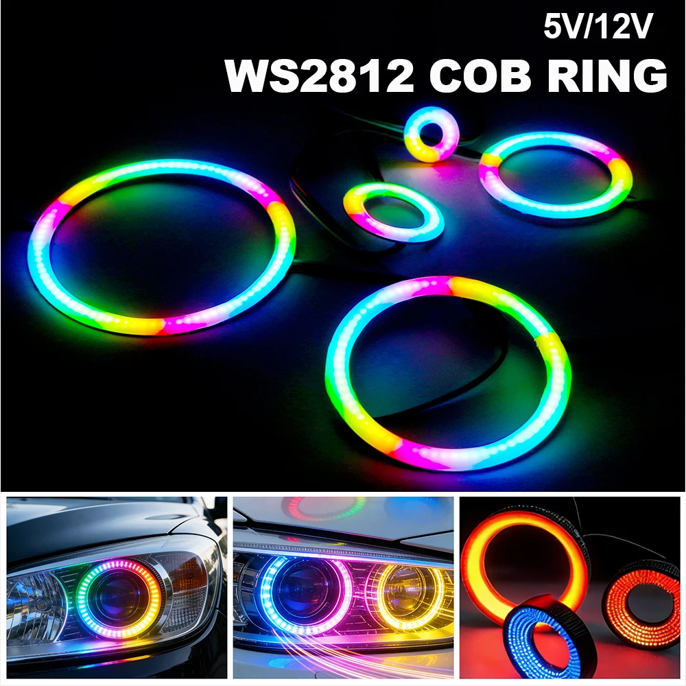 COB LED-Ring 5V/12V WS2812 RGB-Licht Individuell Adressierbar mit Integriertem IC Kompatibel mit WS2811 27/48/74/96/120mm für Auto