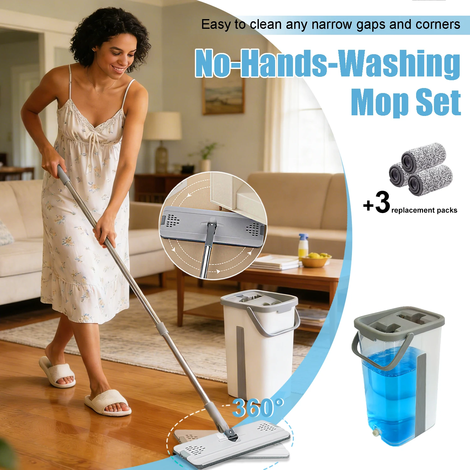 Hands-Free Flat Mop & Bucket Set with 3 Reusable Microfiber Pads - 360° Rotating Mop Head, No Hand Washing Required, Large-sized Mop, Suitable For Homes, Offices, Hotels, Long Handle Squeeze Mop for Floor & Wall Cleaning, Tiles, Marble