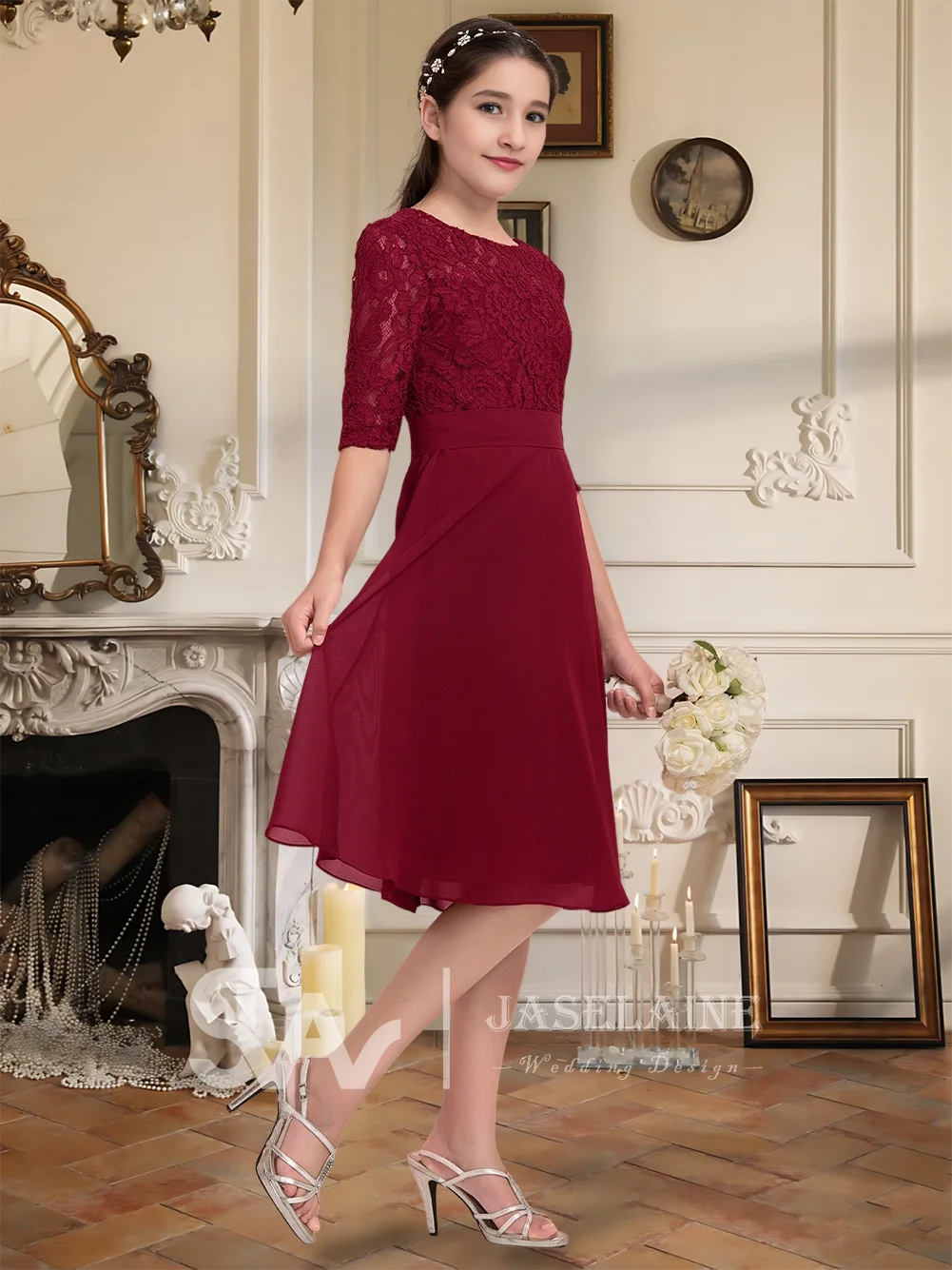 Elegant Royal Plum A-Line Scoop Chiffon Lace Junior Bridesmaid Dress Flower Girl Dress Girls Wedding Party Formal Communion