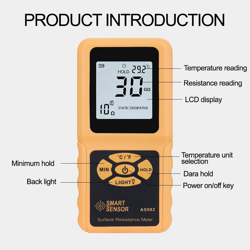 

Интеллектуальный датчик Портативный ЖК-дисплей Измеритель сопротивления поверхности Ручной измеритель сопротивления поверхности с функцией удержания данных