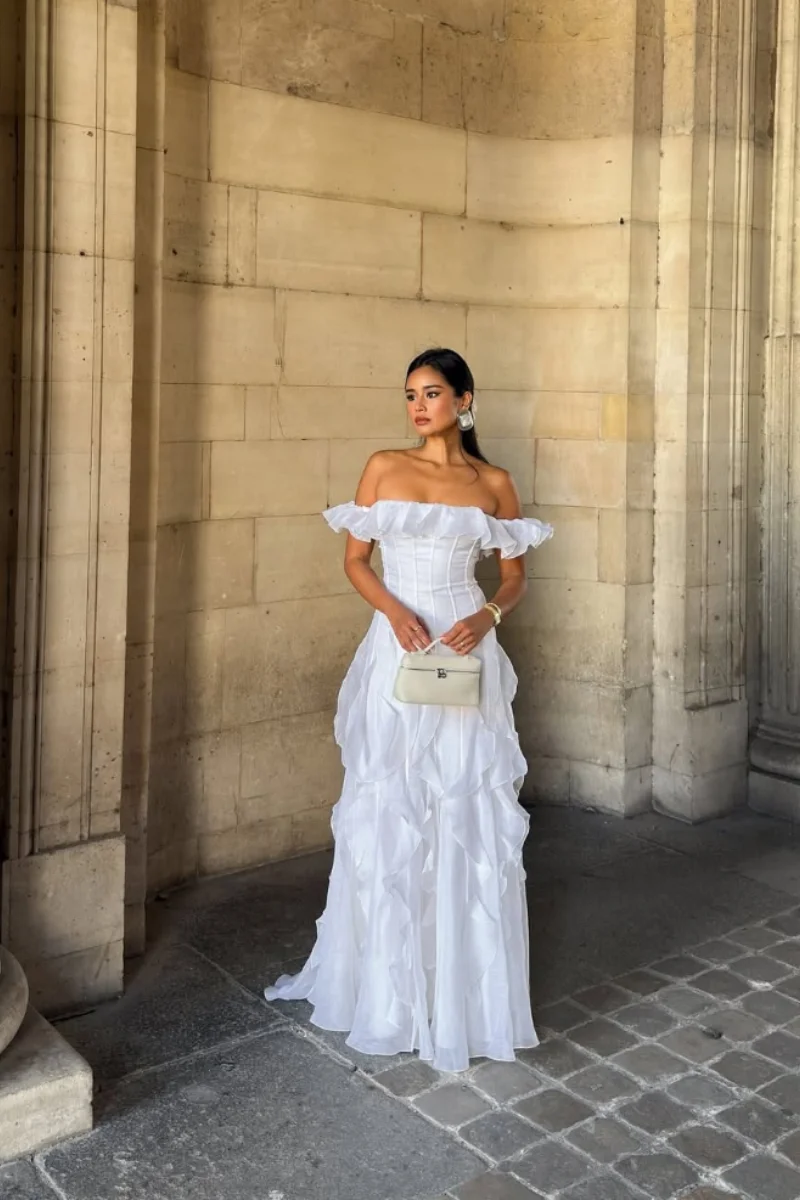 Jessica Fishbone Ruffles Multi-layer Evening Dresses Exquisite White Prom Dresses Off-the-shoulder A-line Party Dresses
