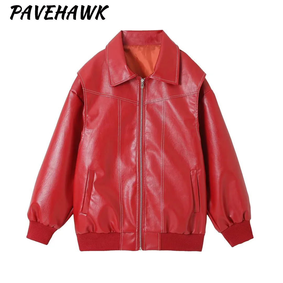 Women Contrast Stitch Jackets Vintage Fashion Solid Long Sleeve Autumn Winter Lapel Zipper Pu Leather Jacket Motorcycle Coats