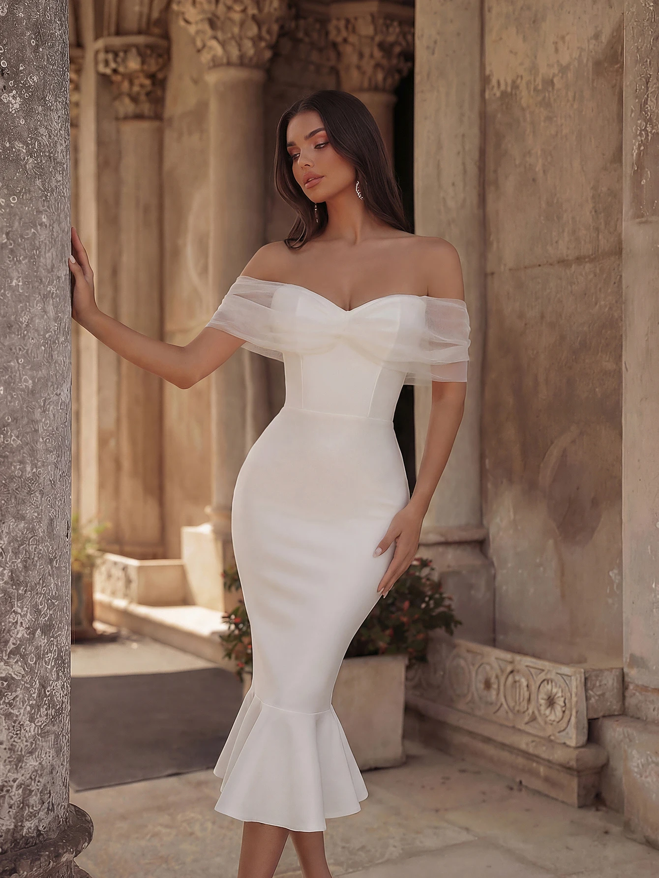Adyce Elegant Summer Women White Mesh Midi Mermaid Bandage Dress  Off Shoulder Evening Wedding Club Party Female Dress Vestidos