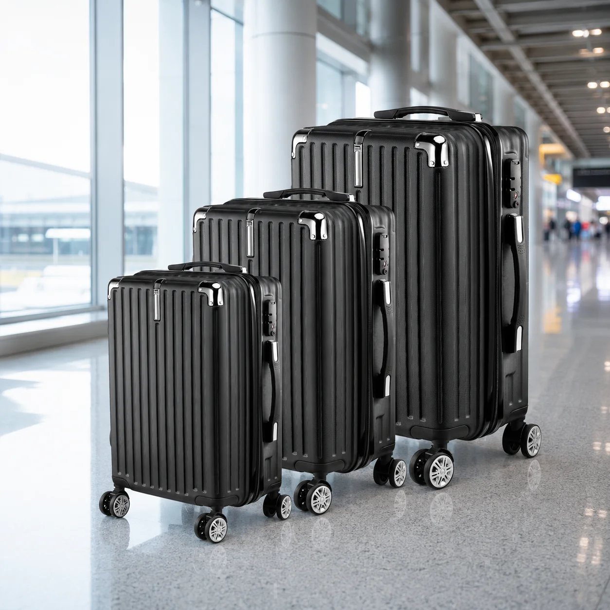 Dreiteiliges Gepäckset: schwarzer Hartschalenkoffer, leichtes ABS-Material, mit TSA-Schloss, geräuscharme Universalräder, Reise-Trolley-Koffer.