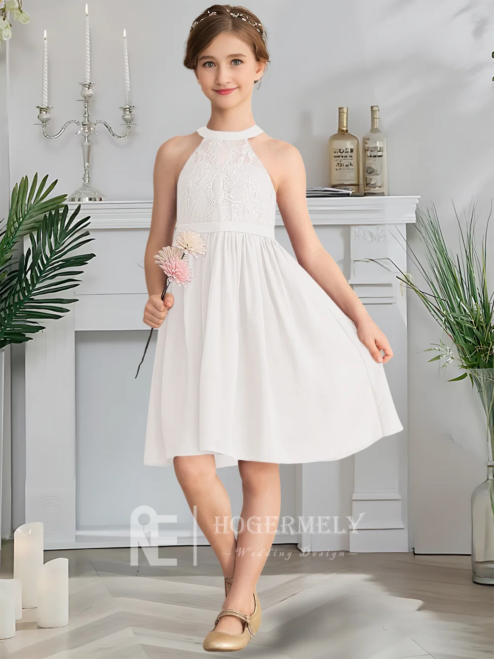 หรูหรา Halter จูเนียร์ชุดเพื่อนเจ้าสาว Royal Lavender ดอกไม้สาวชุดเข่า-ความยาวชีฟองลูกไม้ Cascading Ruffles