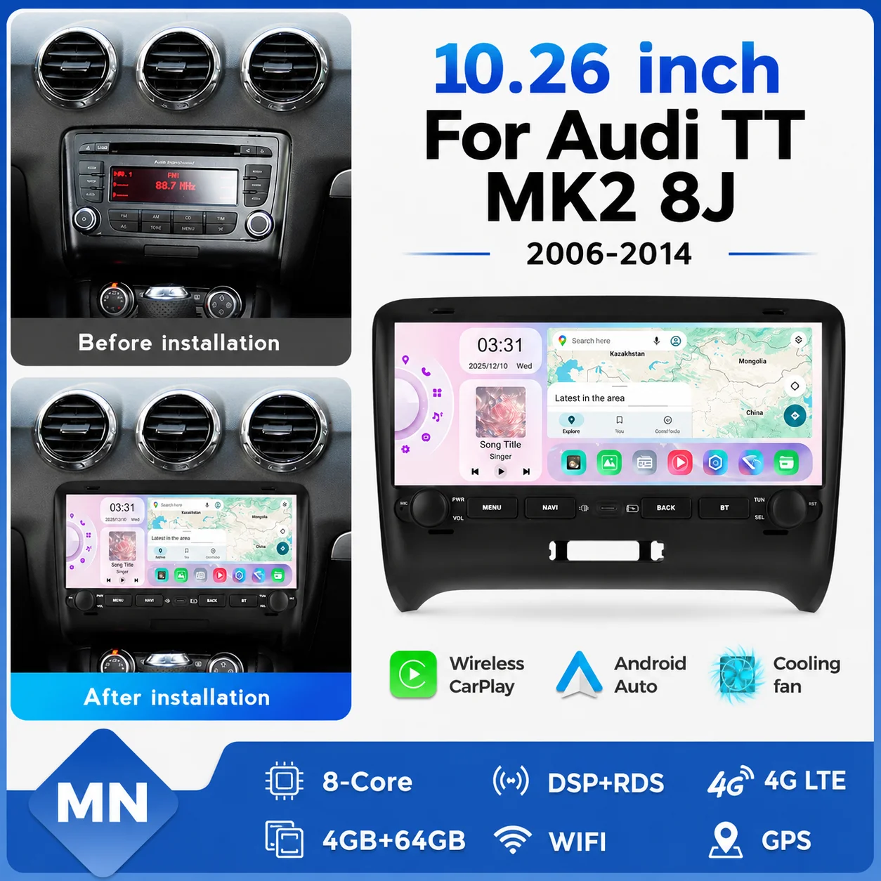 10.26“ 8core Car Radio Wireless Carplay Android Auto Stereo For Audi TT MK2 8J 2006-2014 DSP 4G BT Multimedia Player GPS Screen
