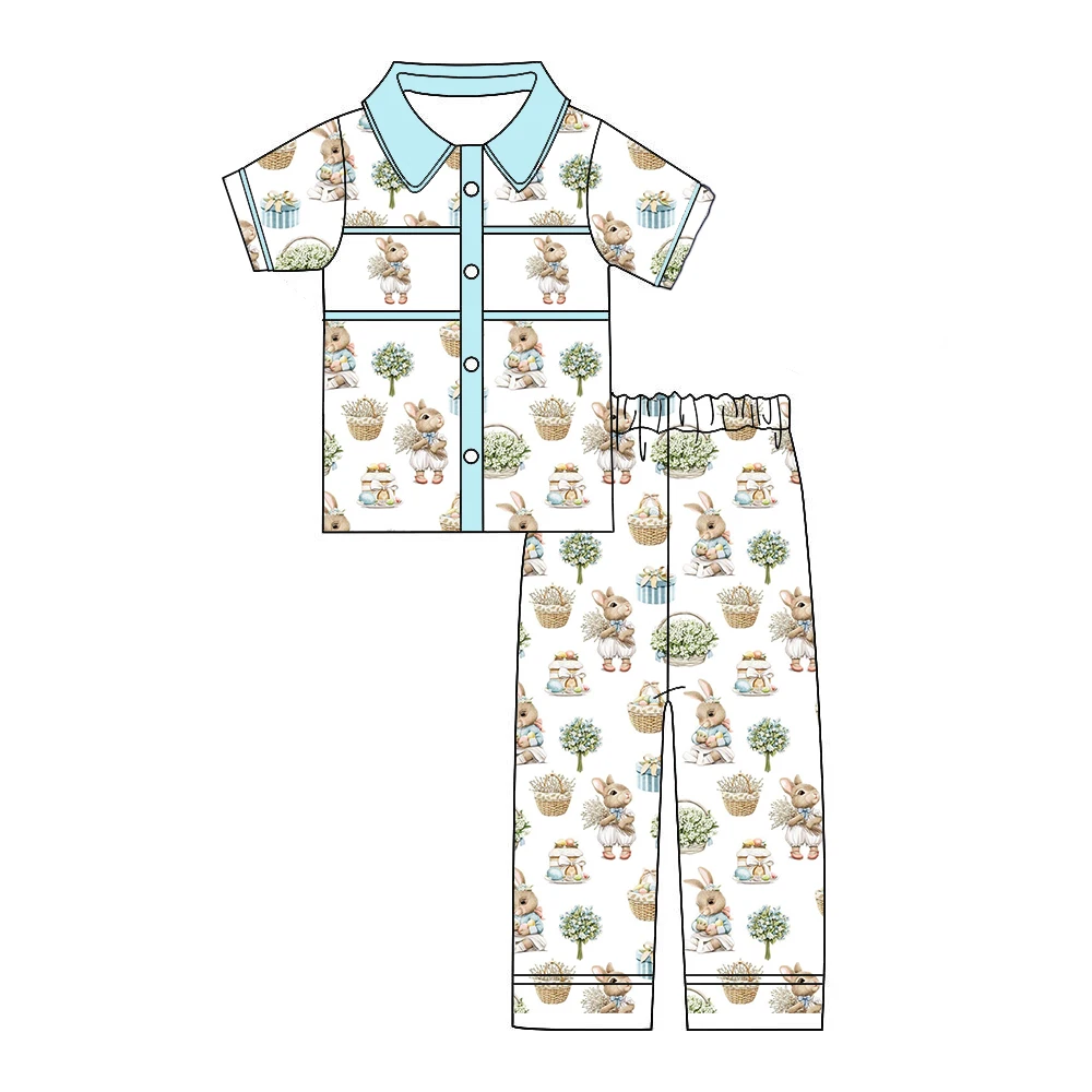 Boutique Children's Easter Costume Bunny Egg Print Heart Pocket Girl Set Custom Name Short-Sleeve Boy Outfit Kids Pyjamas Easter