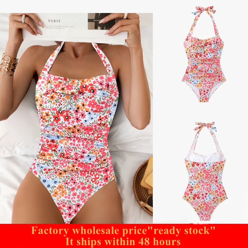 

Women's Fashionable Summer Fold Design Tie Waist Printed Halter One-Piece Swimsuit