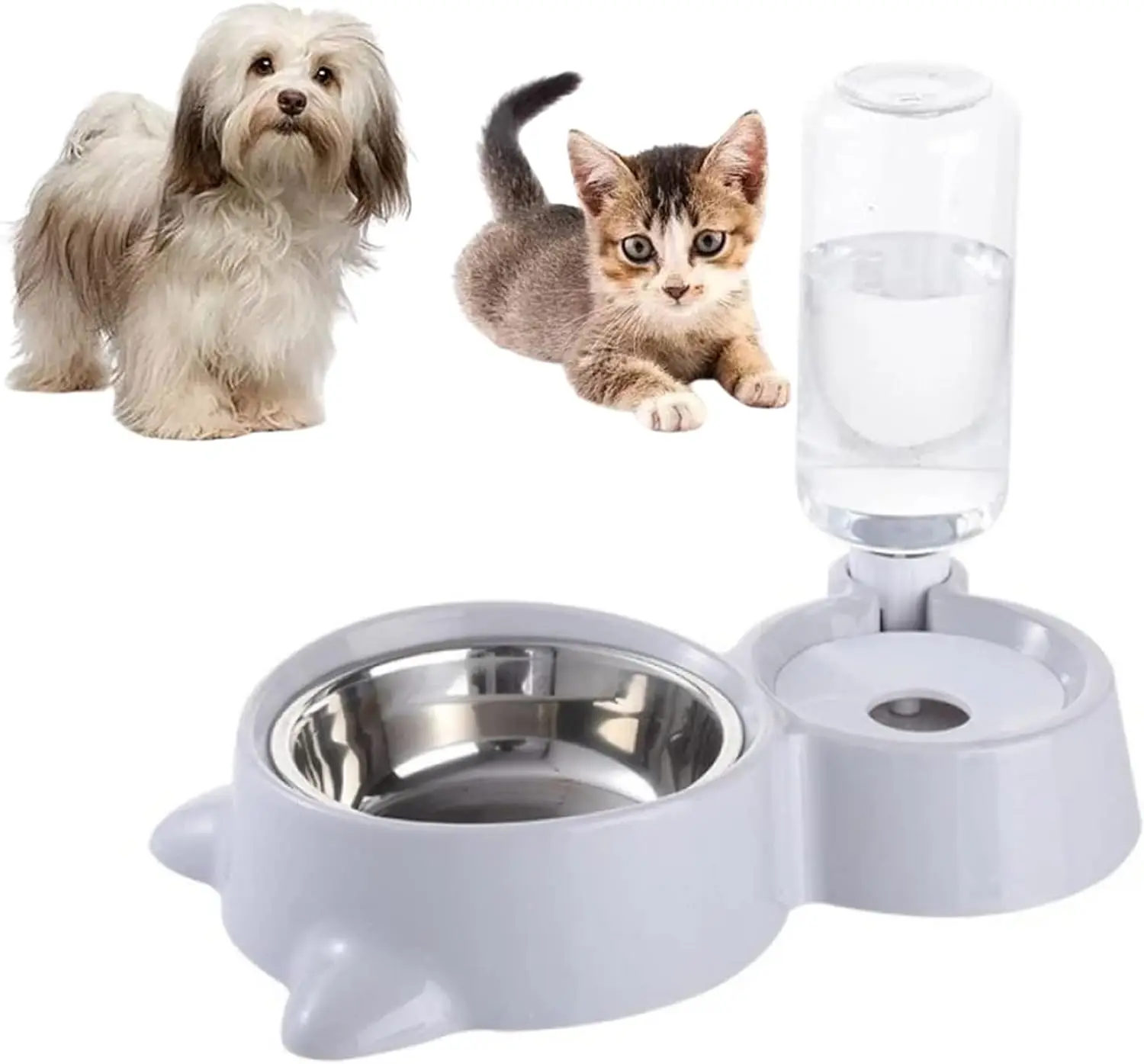 Cat Dog Food Dish Bowl 2 In 1, Pet Food Dish Bowl and Auto Gravity Pet Water Dispenser, Food Bowls Set Gray