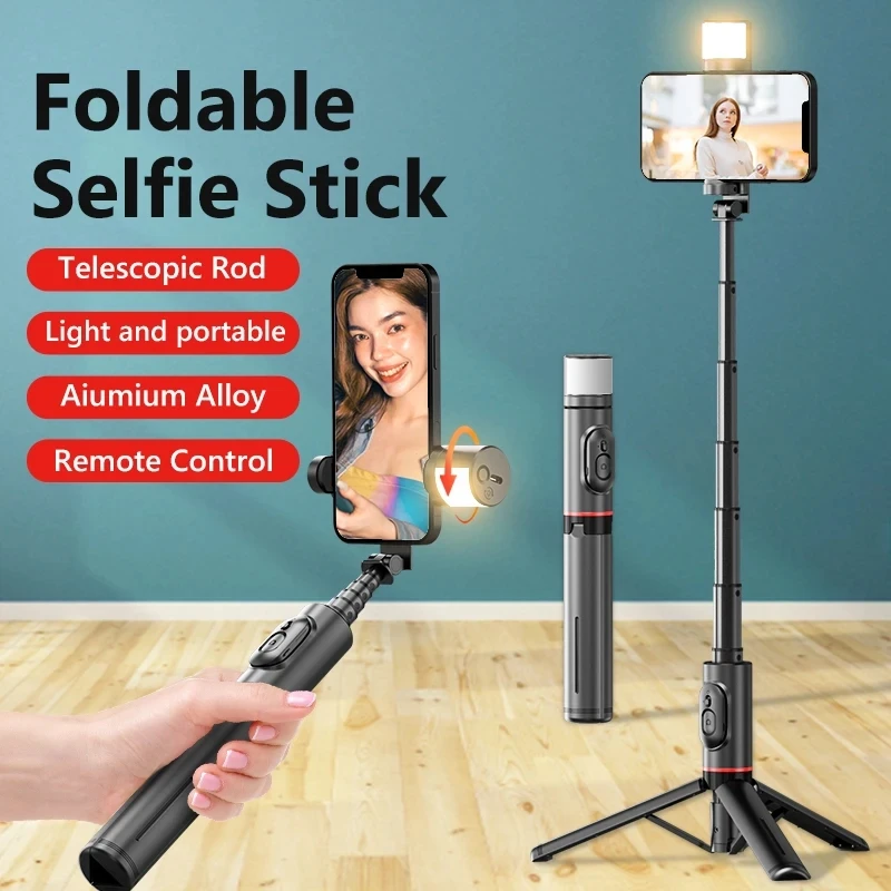 Q12S Foldable Wireless Selfie Stick Bluetooth Monopod with Remote Shutter Fill Light Tripod for iPhone Android Huawei 2024 NEW