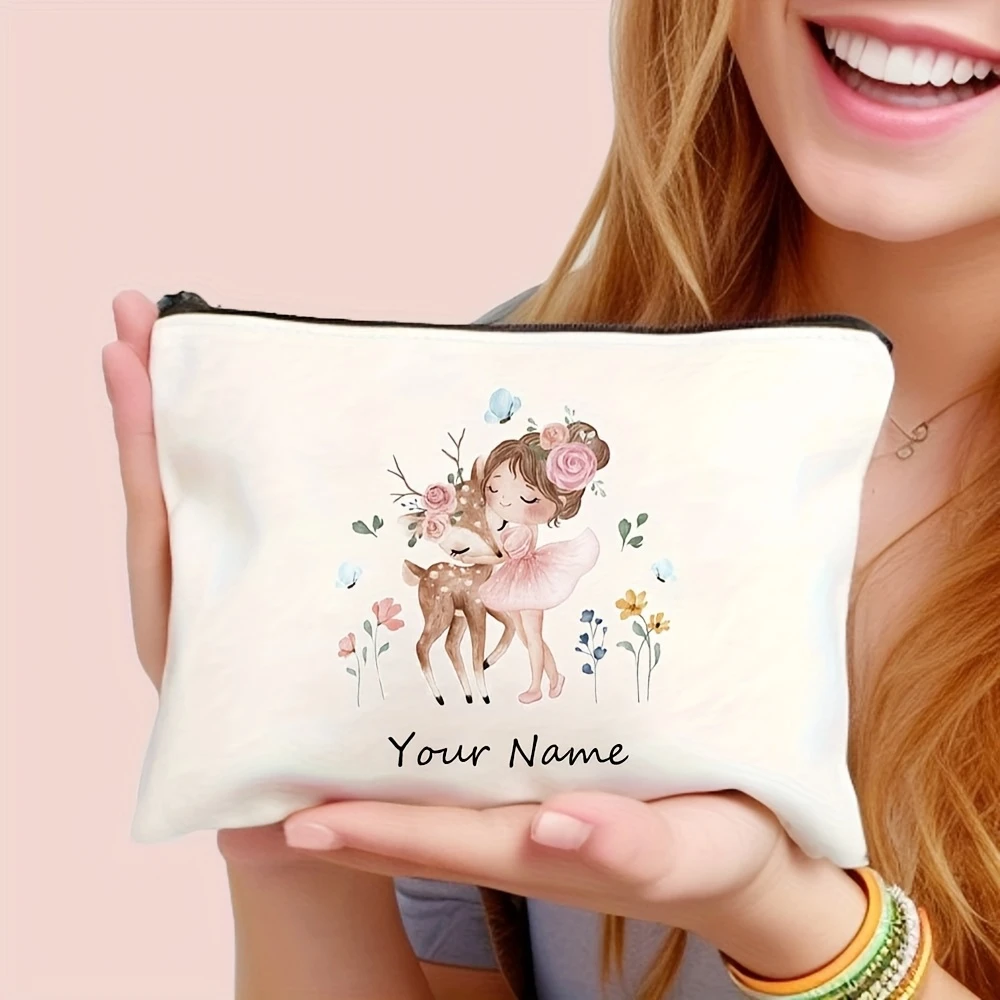 Custom Name Zipper Makeup Bag Cute Ballet Girl Deer Print Odorless Portable Durable Cosmetic Pouch Unisex