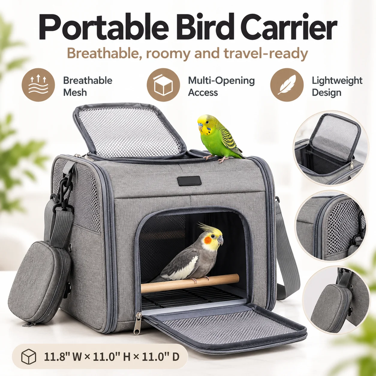 Moorpet Parrot Travel Bag, Portable Breathable Hand & Shoulder Bird Carrier for Sun Conure Small Birds