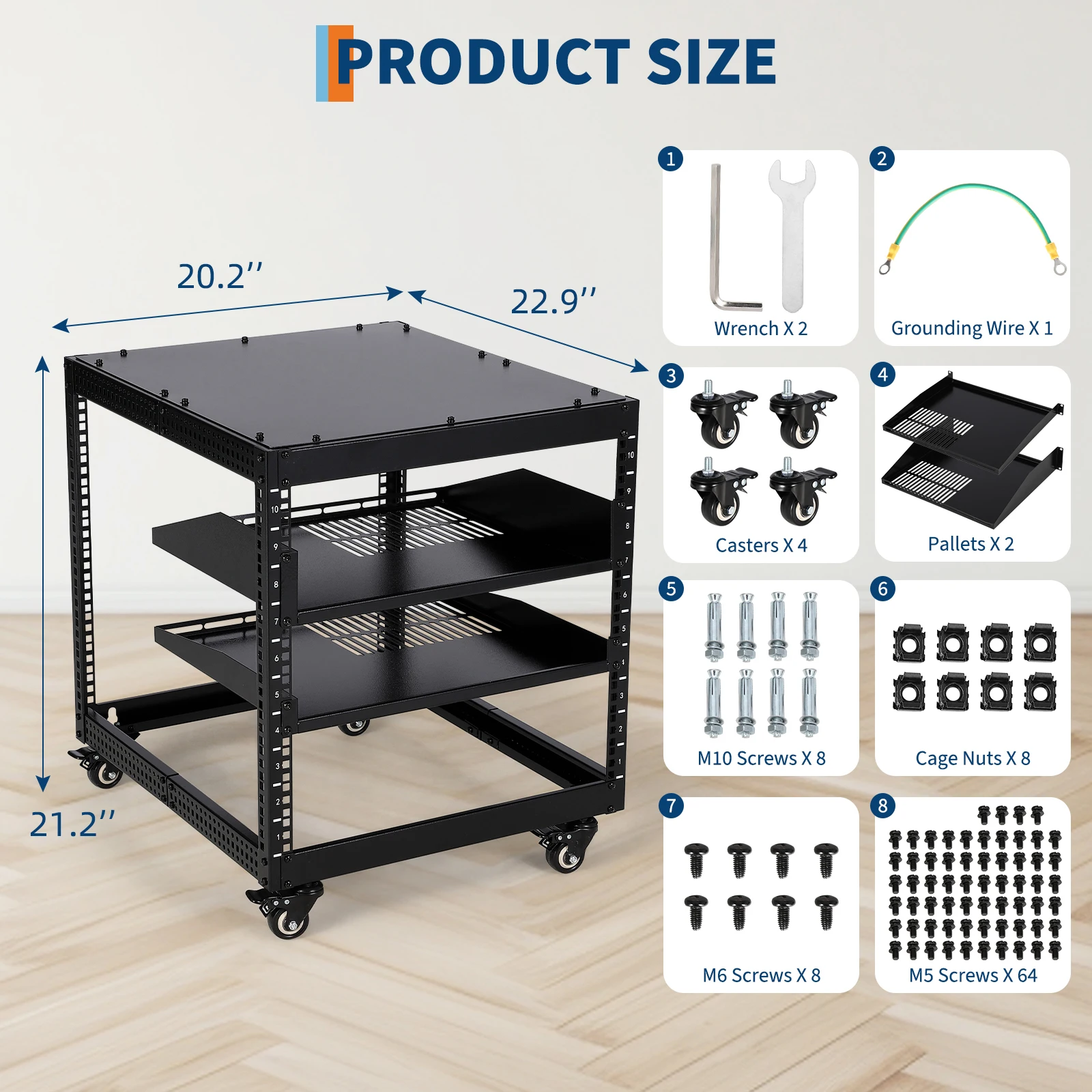 Zwarte 4-paars open frame serverrack met vergrendelbare zwenkwielen en verstelbare planken, mobiele IT-apparatuurwagen, ondersteunt 500 lbs, vloer- of wandmontage. Ruimtebesparend netwerksysteemrek