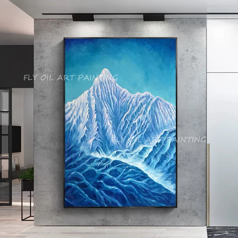 

Abstract 100% Hand Painted snow mountain top dark blue canvas sky picture modern oil painting texture for home living room decor