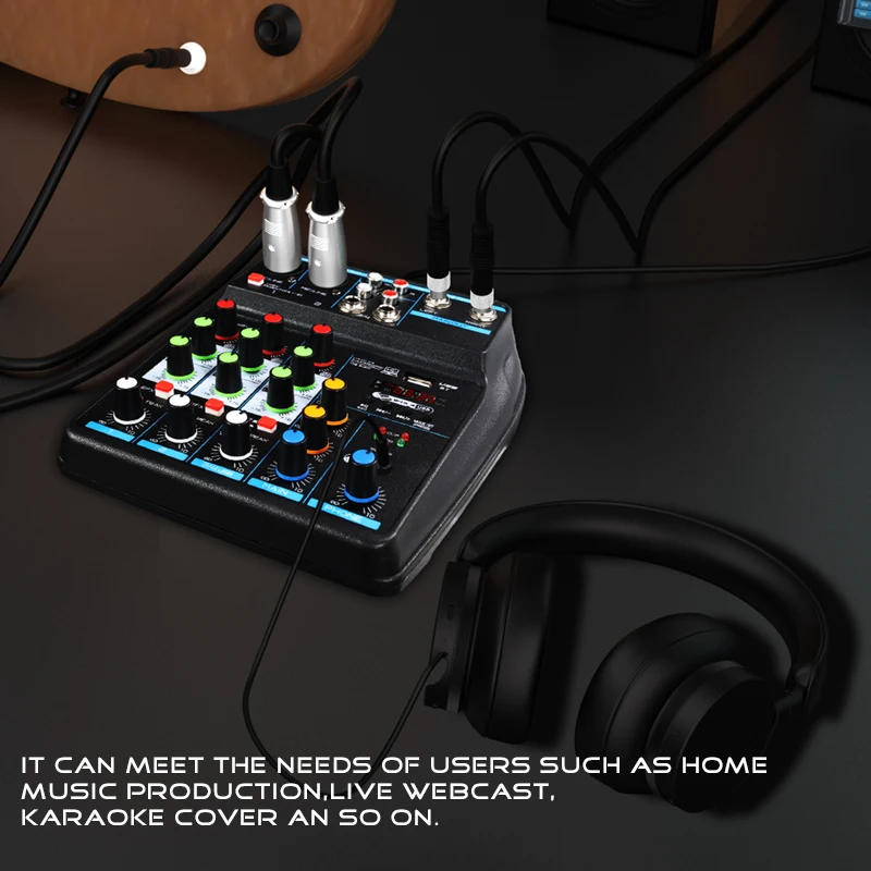 4-Channel Small Audio Mixer with Bluetooth, Usb, Mp3, 48V Phantom Power, for Mobile Phone and Computer Live Streaming, K-Song Mixer image 2
