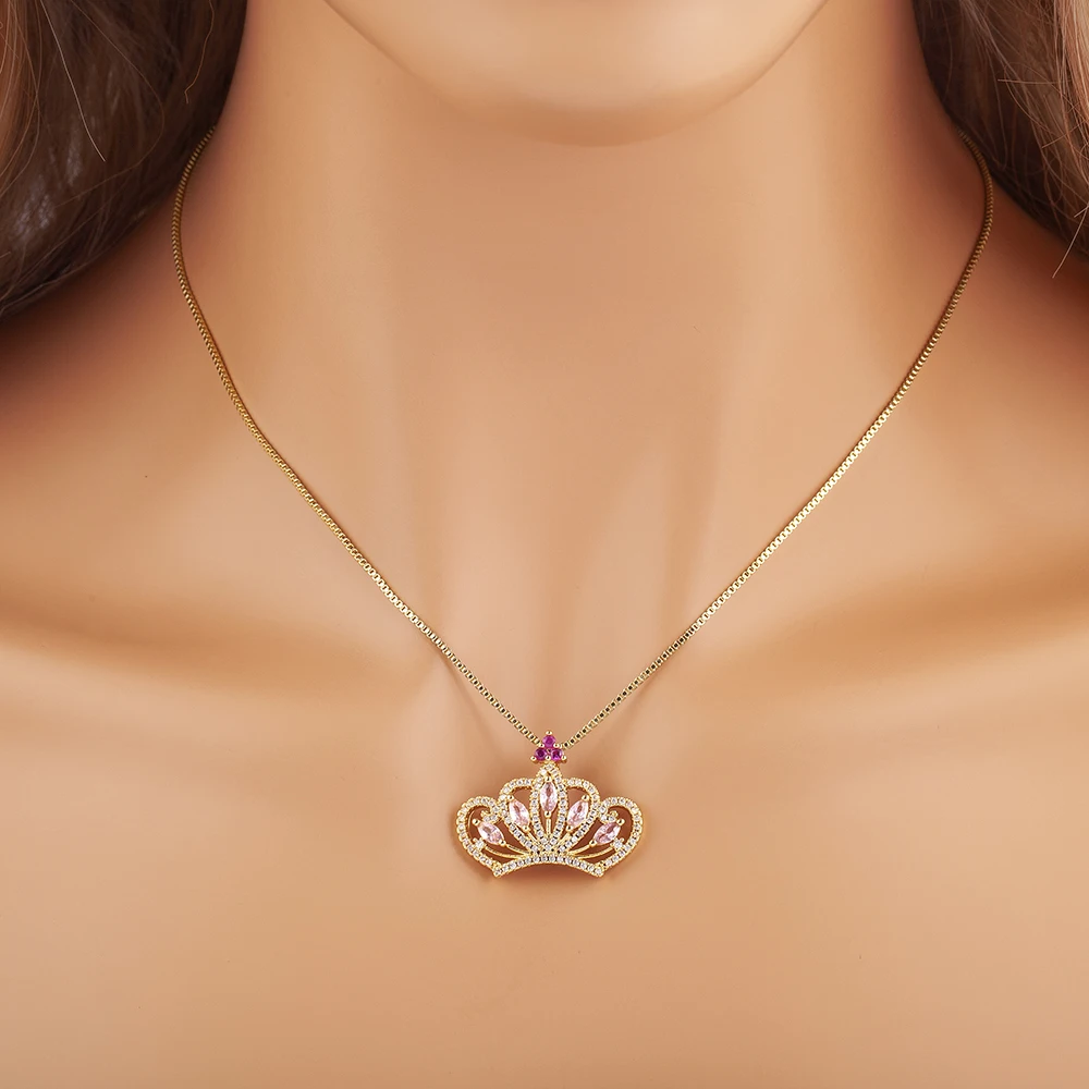Nidin Light Luxury Trendy Crown Shape Shiny Zircon Charm Pendant Necklace 6 Styles For Women Girl Lucky Jewelry Delicate Gifts