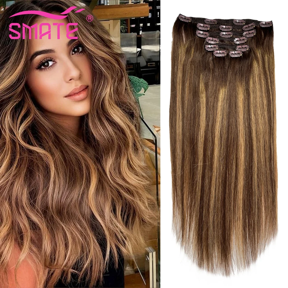 

SMATE 7PCS Clip In Human Hair Extensions Straight Natural Real Human Hair Natural Remy Hair Invisible Seamless Clip 110Grams