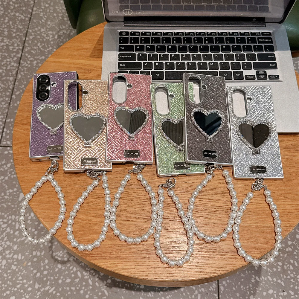 Luxury Diamond big Love Mirror Holder Phone case for Samsung Galaxy Z Fold 8 Ultra 7 Fold 6 Fold 6 5 4 Fold7 6 Cover With Chain