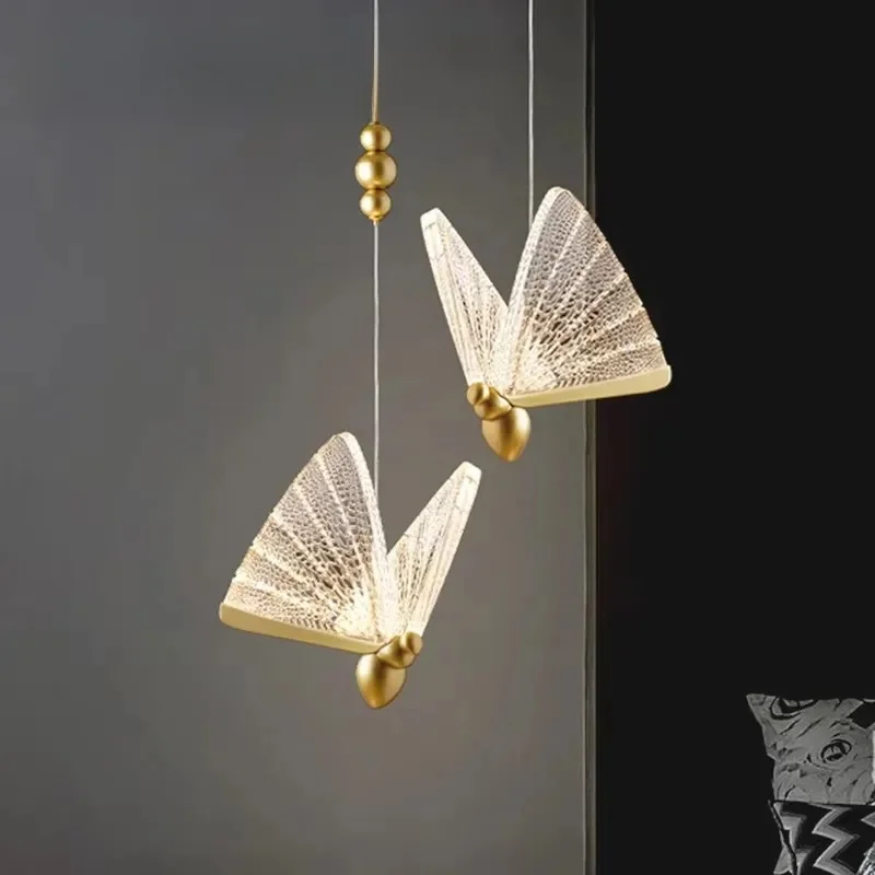 Luksusowy wystrój domu żyrandol w kształcie motyla Nordic LED sypialnia pojedyncza lampa wisząca nowoczesny żelazny korpus akrylowy abażur wiszący połysk — 2