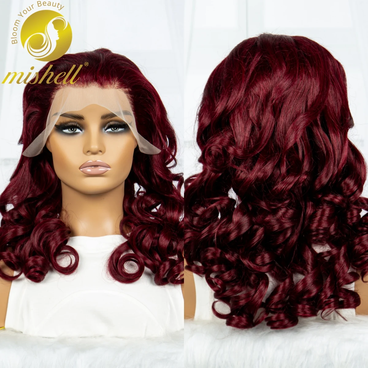 Burgundy 300% Density 18 Inch Bouncy Curly Human Hair Wigs 13x4 Transparent Lace Wigs Brazilian Remy Human Hair Wigs for Women