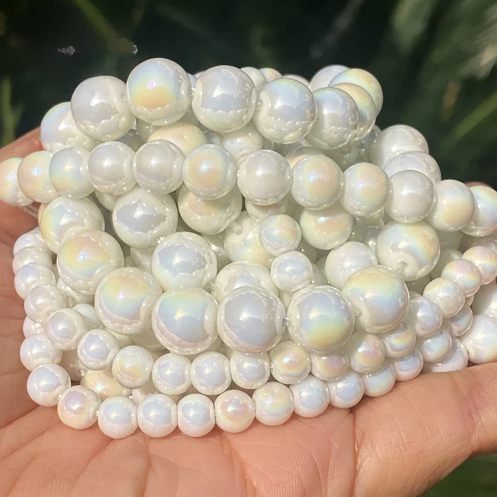 Naturalne kamienne koraliki 6 8 10 mm AB Plated White Porcelain Round Spacer Beads For Jewelry Making DIY Handmade Bracelet Necklace 15'' — zdjęcie 2