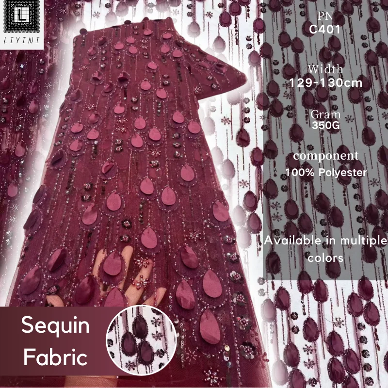 Elegant green floral lace mesh fabric with sequin cord embroidery, African guipure lace for fashion dresses and wedding outfits