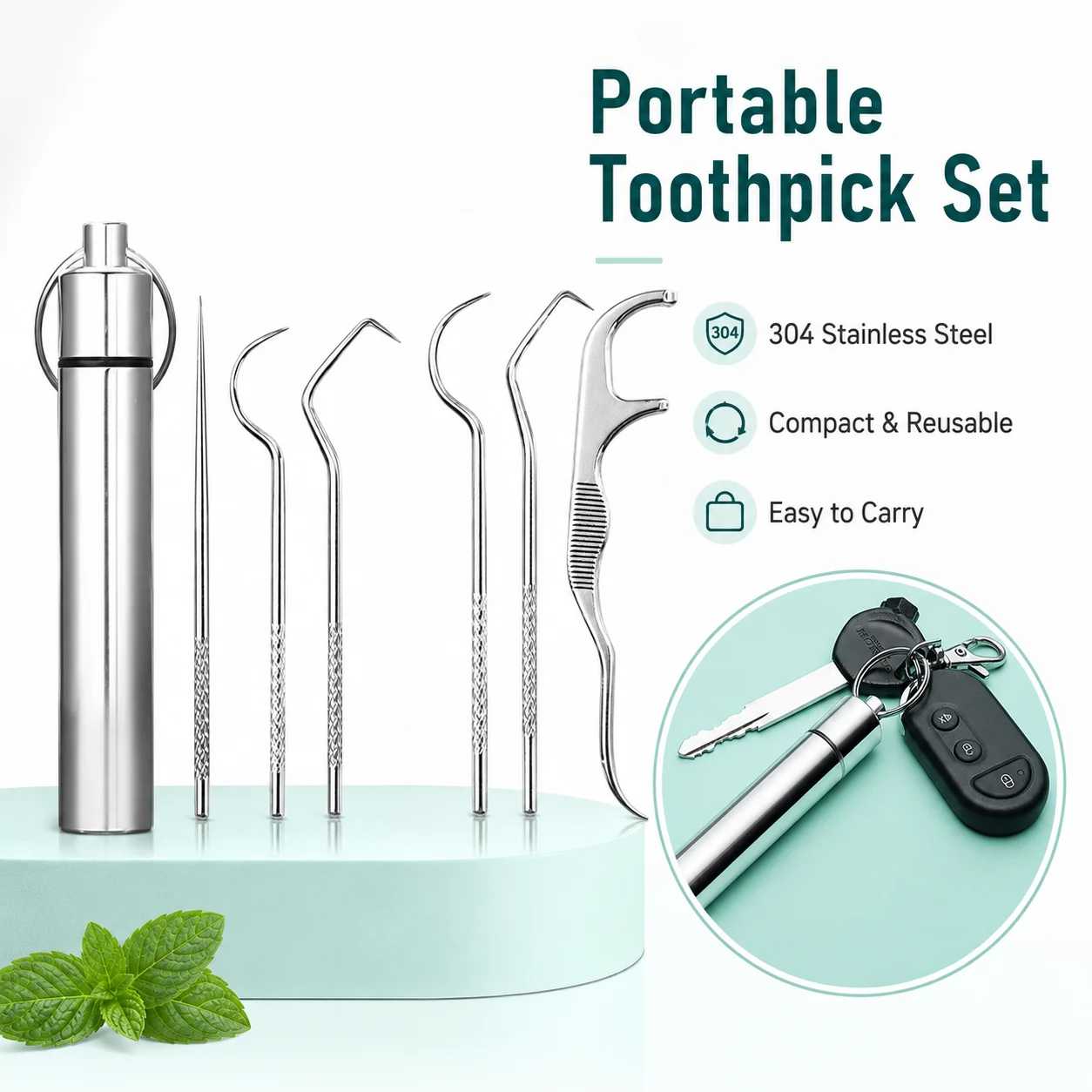 Portable 7Pcs Stainless Steel Toothpick Set Reusable Dental Cleaning Tools Keychain Tooth Pick Kit for Travel Home Office