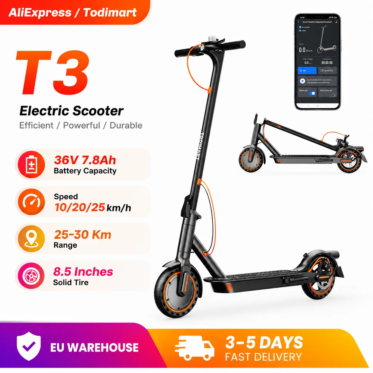 Patinete Eléctrico Todimart T3, 25 Km/H, Neumáticos Sólidos de 8.5 Pulgadas, Patinete Eléctrico para Adultos, Batería de 36V 7.8Ah, Alcance