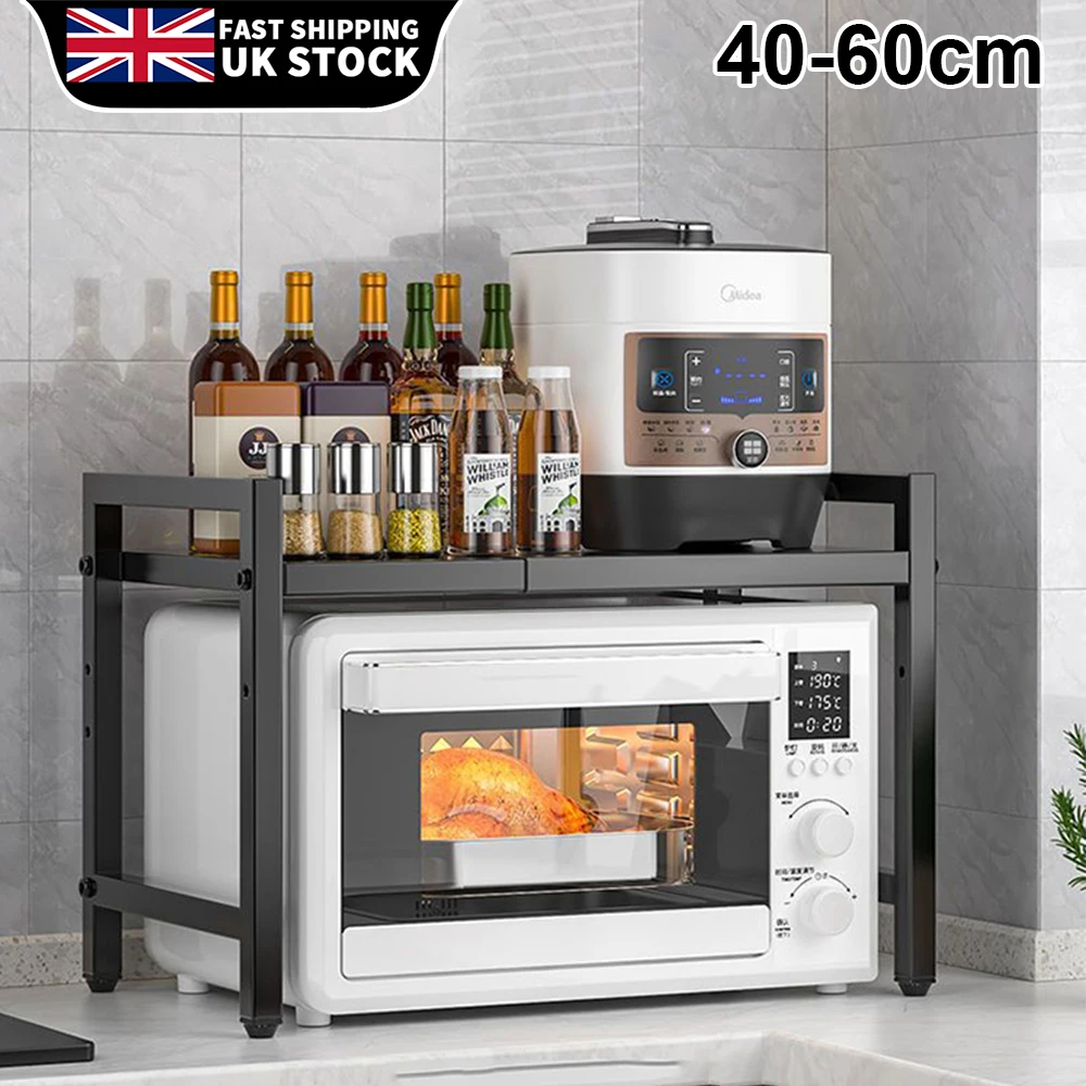 Expandable Microwave Rack 2 Tier Microwave Rack with 6 Hooks Microwave Rack Baking Rack Kitchen Countertop Organiser Black