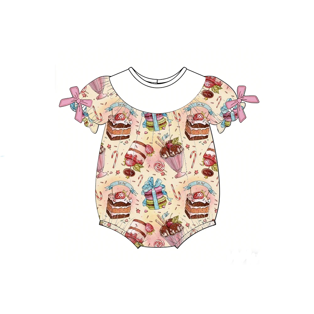 Boutique customizable baby name romper with puff sleeves bow decoration  cakes cookies print suitable children wear wholesale