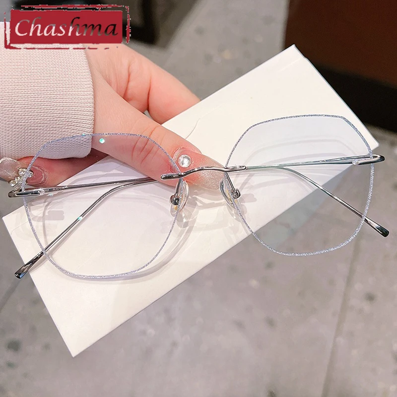 

Chashma Prescription Glasses Fashion Women Tint Color Recipe Lenses Eyeglasses Diamond Trim Titanium Rimless Eyewear for Female
