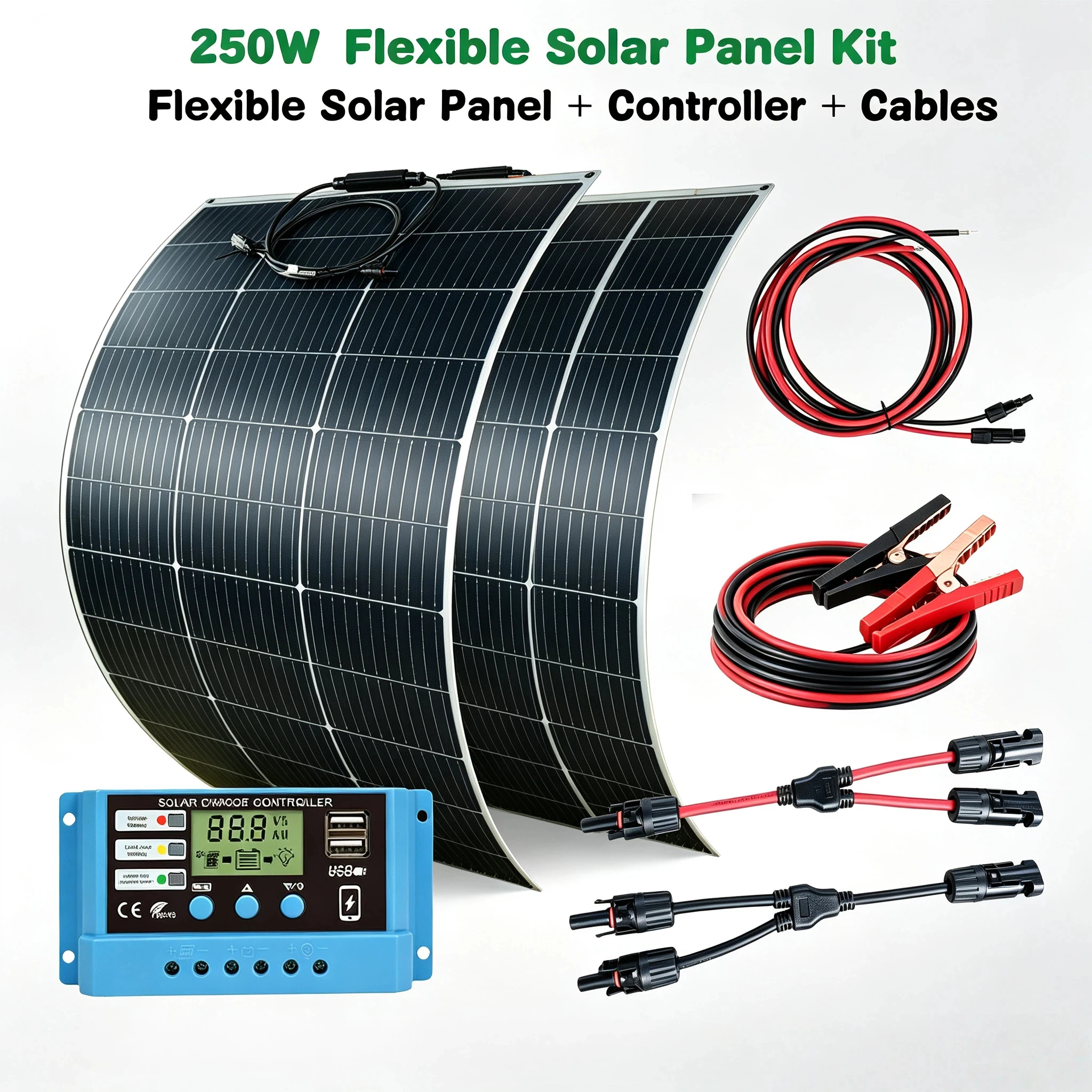 Flexibles Solarpanel-Set 250W, 18V, 2 x 125 Watt Solarmodule mit 20A Solarladeregler, Solarkabel, Solaranlage für Wohnmobile, Komplettset 12V für Batterien, Camping, Boot, IP67 Wasserdicht,