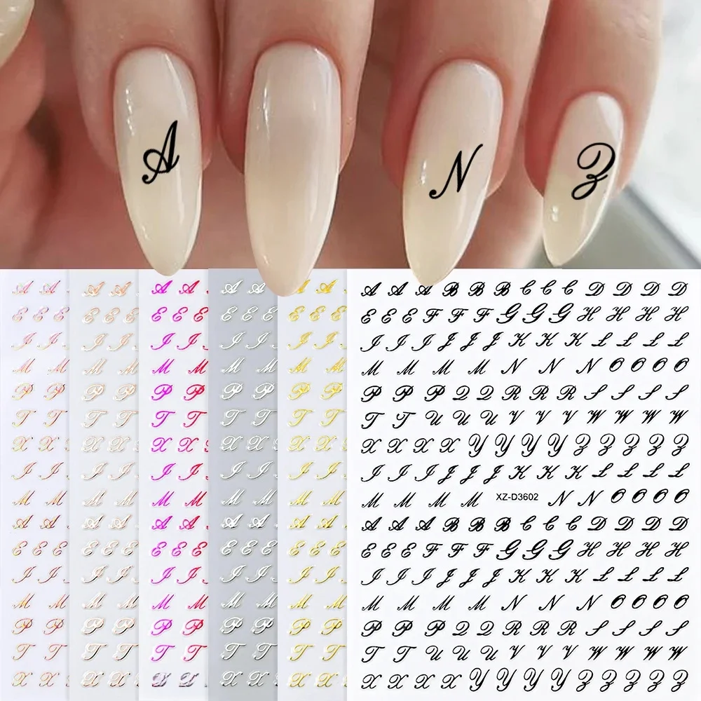 Autocollants pour ongles avec lettres romaines 3D, 1 pièce, or/argent/noir/Laser Alphabet, décalcomanie auto-adhésive Y2K mots anglais/numéro, curseurs de manucure