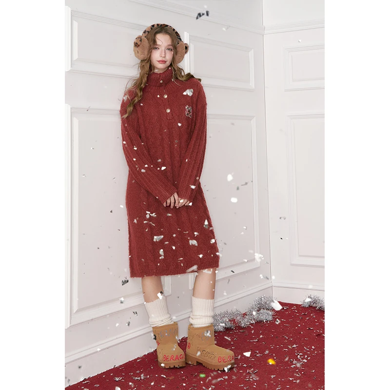 ELFSACK Damen-Winterpullover, langärmelig, Rollkragenpullover, Vintage-Stil, Zopfmuster, lockere Passform, romantisch, pastoral, süß