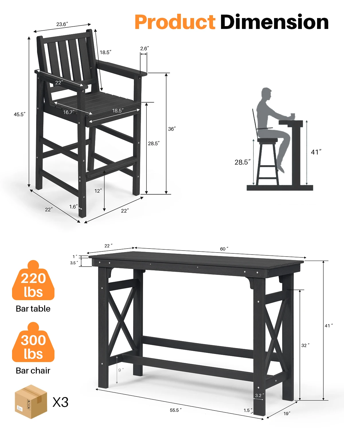 SeeHill Obsidian 5-Piece Patio Bar Set, Rectangular Table & 4 Adirondack Chairs, HDPE Outdoor Bar Set for Pool, Porch