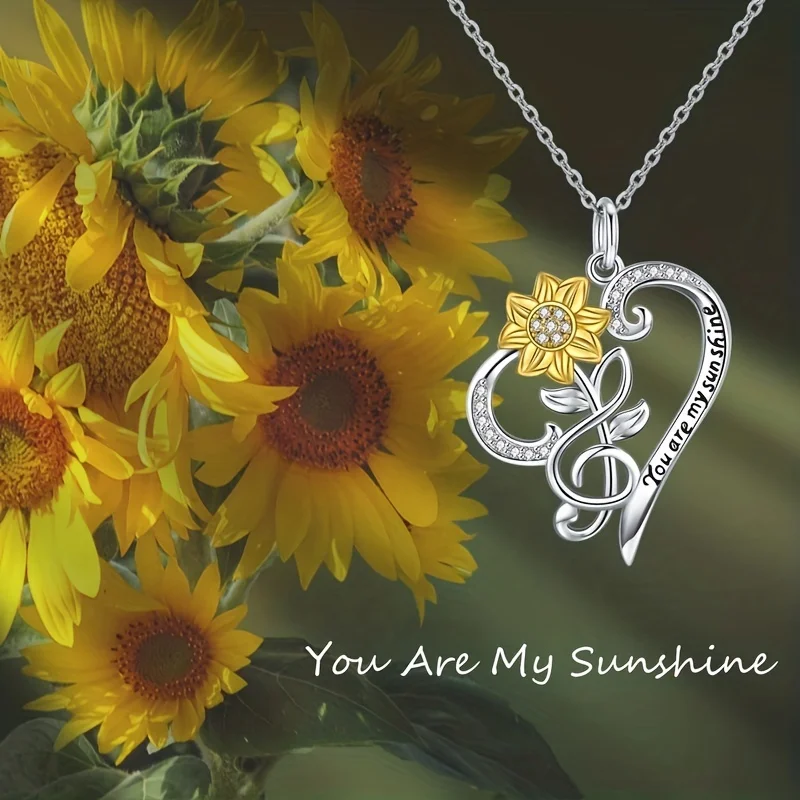 Sunflower Necklace- You are My Sunshine Necklace Sunflower Heart Shape Pendant Music Note Jewelry Gift for Women Mother's Day Bi