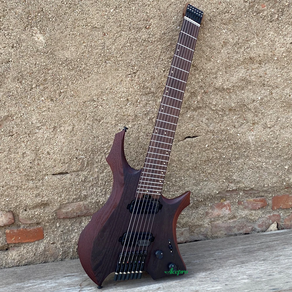 

7 String Headless Electric Guitar, Fanned Frets, 9 Piece Roasted Maple Neck, Satin Brown Ash Body, Jumbo Stainless Steel Frets