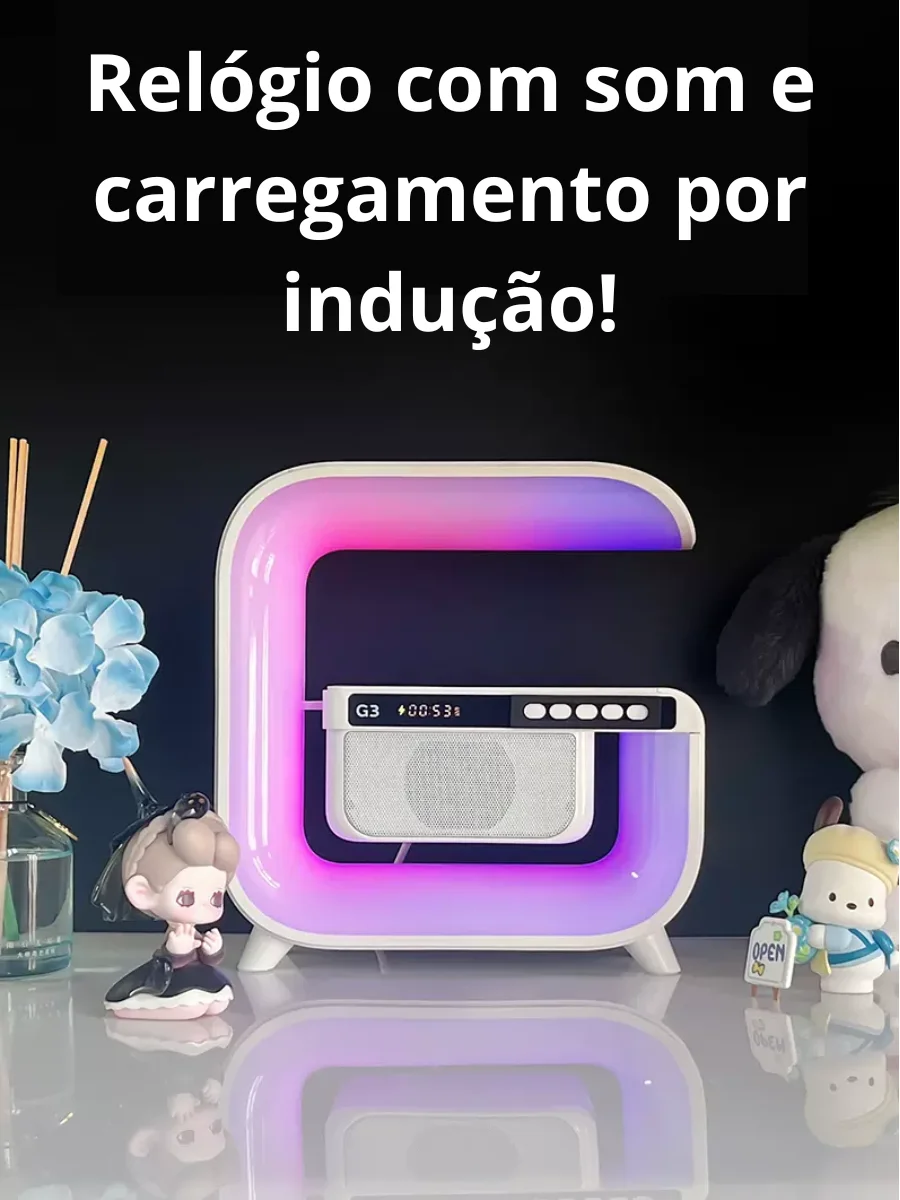 Relógio Despertador Luz RGB Multifuncional 6 em 1 Luzes ajustáveis, Caixa de som, Rádio FM, Recarregador sem fio de celular