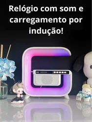 Relógio Despertador Luz RGB Multifuncional 6 em 1 Luzes ajustáveis, Caixa de som, Rádio FM, Recarregador sem fio de celular