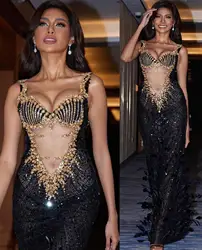 High quality fashionable studded sequins summer black diamond strap dress feather sleeveless sexy mesh patchwork ball dress